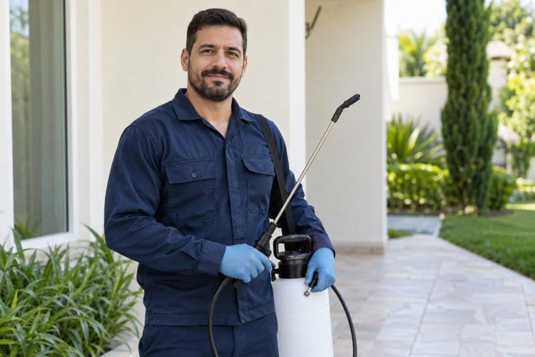 Técnico uniformizado segurando um pulverizador profissional